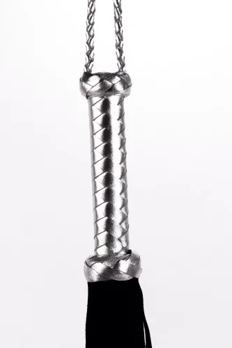 Fekete velűrbőr korbács ezüst nyéllel - 45 cm