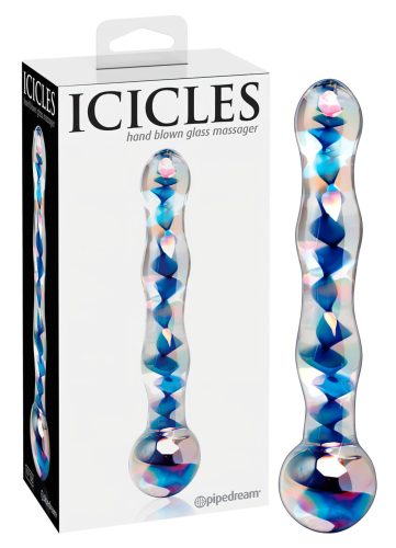 Icicles No. 08 - hullámos, kétvégű, üveg dildó (átlátszó-kék)