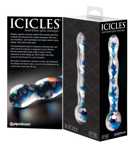 Icicles No. 08 - hullámos, kétvégű, üveg dildó (átlátszó-kék)