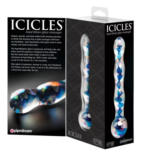 Icicles No. 08 - hullámos, kétvégű, üveg dildó (átlátszó-kék)