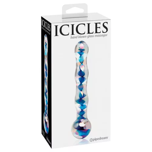 Icicles No. 08 - hullámos, kétvégű, üveg dildó (átlátszó-kék)