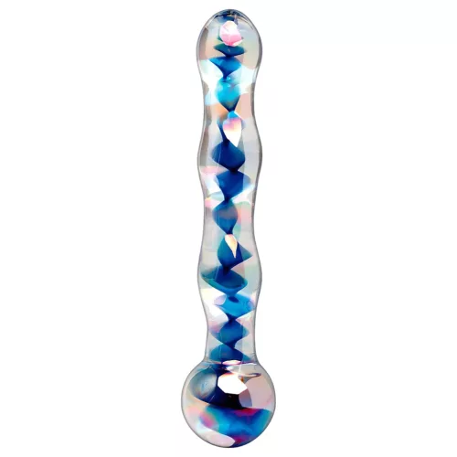 Icicles No. 08 - hullámos, kétvégű, üveg dildó (átlátszó-kék)