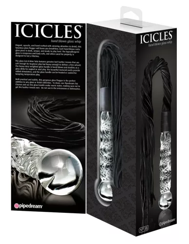 Icicles No. 38 - bőr korbács és üveg dildó (átlátszó-fekete)
