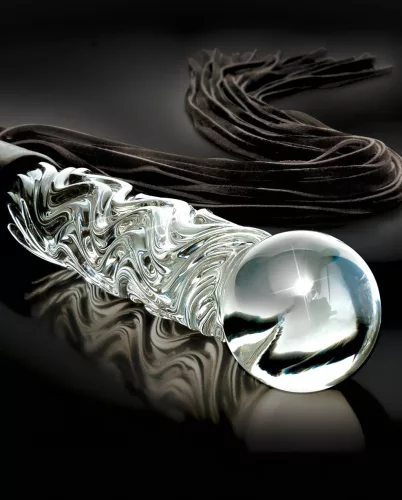 Icicles No. 38 - bőr korbács és üveg dildó (átlátszó-fekete)