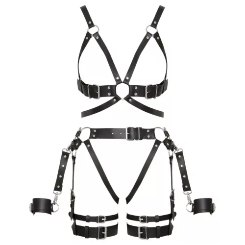 ZADO - többrészes bőr harness szett bilinccsel - fekete (S-M)