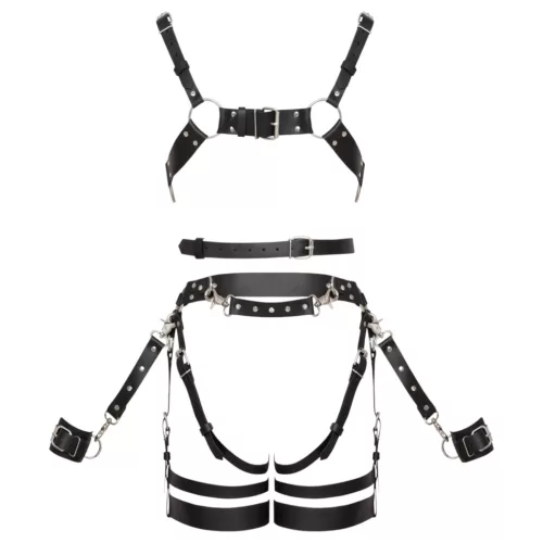 ZADO - többrészes bőr harness szett bilinccsel - fekete (S-M)