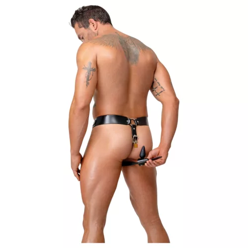 ZADO - bőr erényöv tanga 2 lakattal - fekete (S-2XL)