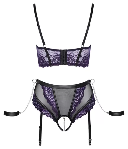 Cottelli Bondage - melltartó szett és kar bilincs (fekete-lila)