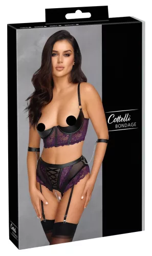 Cottelli Bondage - melltartó szett és kar bilincs (fekete-lila)