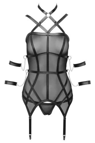 Cottelli Bondage - pántos felső, kar bilincs és tanga (fekete)