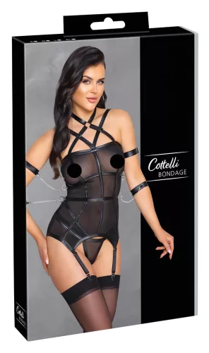 Cottelli Bondage - pántos felső, kar bilincs és tanga (fekete)