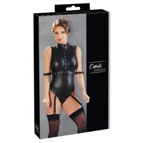   Cottelli Bondage - ujjatlan, fényes body és kar bilincs (fekete)