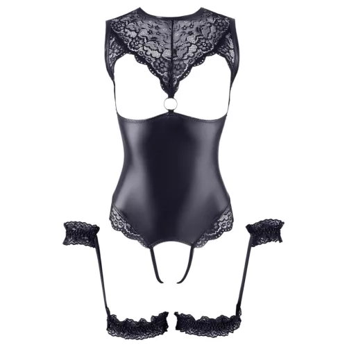 Cottelli Bondage - fényes nyitott body és kar bilincs (fekete)