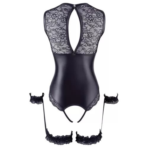 Cottelli Bondage - fényes nyitott body és kar bilincs (fekete)
