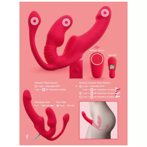 You2Toys Strapless - felcsatolható 3 ágú vibrátor (piros)