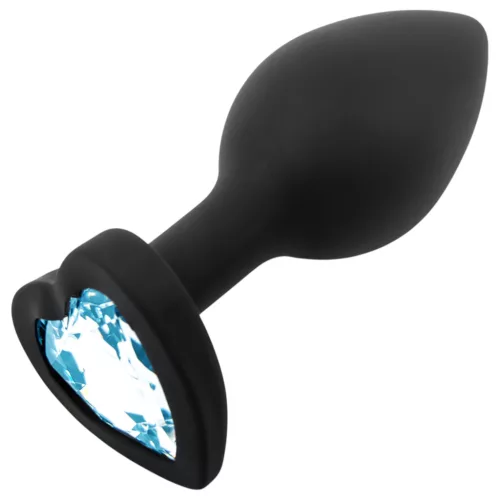 Sunfo - szilikon anál plug szív alakú kék kővel (fekete)